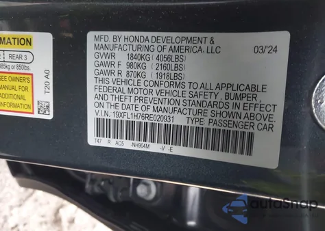 2024 Honda Civic Ex-L from USA, damaged, VIN 19XFL1H76RE020931